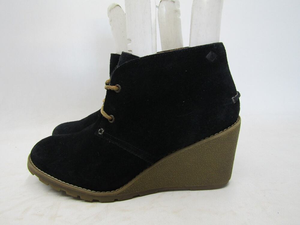 Sperry Top Sider Womens Sz 10 M Black Suede Laces Wedge Ankle Fashion Boots